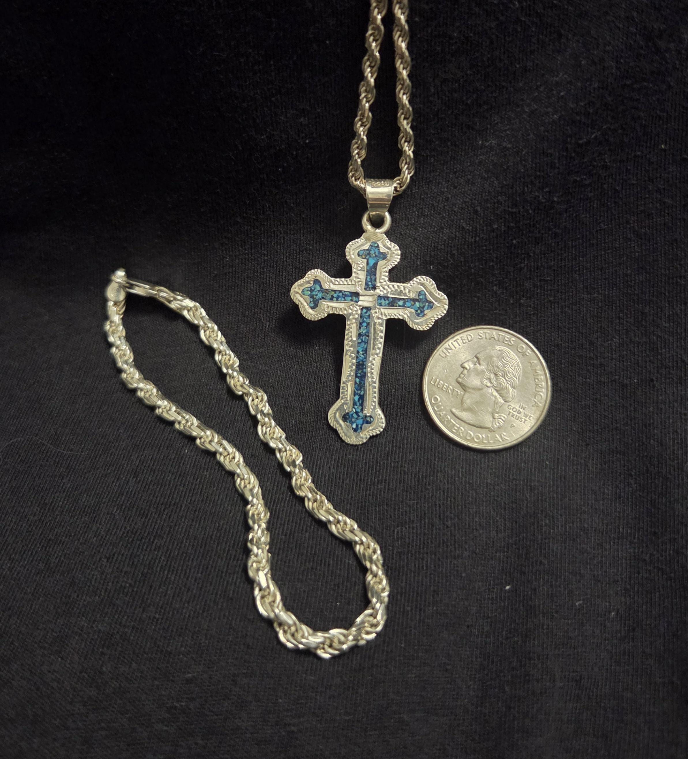 Crushed Turquoise Cross Rope Chain and Bracelet Set Sterling Silver ...