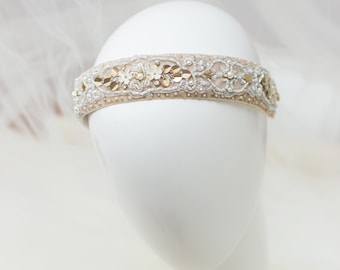 Champagne headband. Velvet Bridal headpiece. Wedding hair accessories.  Embroidered Head fascinator. Bridesmaid, Flower girl headband