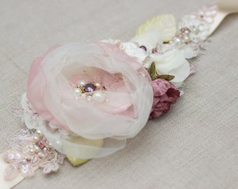 Bridal floral sash. Belt. Blush rose. Ivory. Green. Plum. Burgundy. Floral. Romantic. Embroidered. Wedding dress accessories. Handmade.