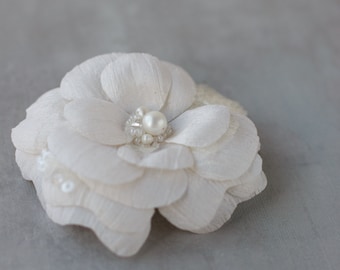 Ivory dupioni silk camellia flower convertible headpiece & brooch. Wedding accessories.  Bridal hair flower or corsage boutonniere pin.