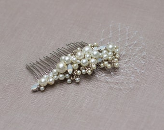 Pearl bridal hair comb. Silver wedding headpiece. Crystal. Rhinestone. Pearls. French netting. Fascinator. Bridal hair accessories