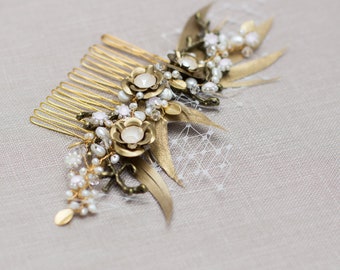 Wedding hair comb, Crystal & pearl headpiece, Bridal headpiece, Gold hair piece, Bridal Hair accessories, Fascinator, Rustic headpiece