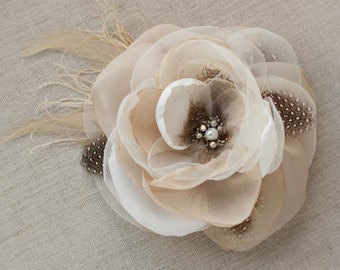 Oversized rustic beige flower. Convertible wedding headpiece, brooch, choker. Wedding accessories. Large bridal flower corsage boutonniere.