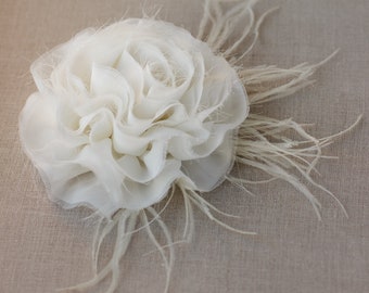 Oversized ivory chiffon flower convertible headpiece & brooch. Wedding accessories. Large bridal rose ivory flower corsage boutonniere.