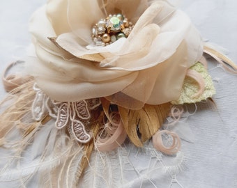Rustic Wedding hair flower/Bridal hairpiece/Champagne Wedding hairpiece/Beige hair flower clip/Bride hair accessories headpiece fascinator
