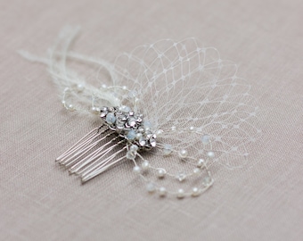 Bow bridal hair comb. Silver wedding headpiece. Crystal. Rhinestone. Freshwater pearls, French netting. Fascinator. Bridal hair accessories