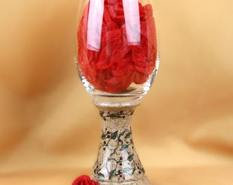large wheel thrown stoneware wine glass with hand painted mulberries or country style red berry vines