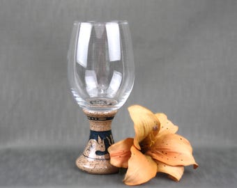 large wheel thrown stoneware wine glass with hand painted bunnies or rabbits