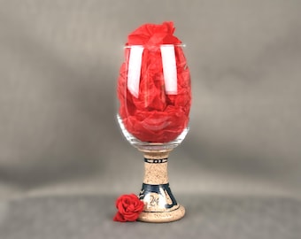 large wheel thrown stoneware wine glass with hand painted bunnies or rabbits