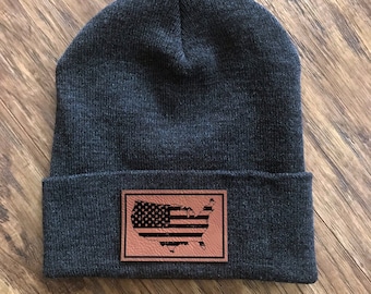 Distressed United States American Flag Patch Beanie Hat | Leather | Leatherette