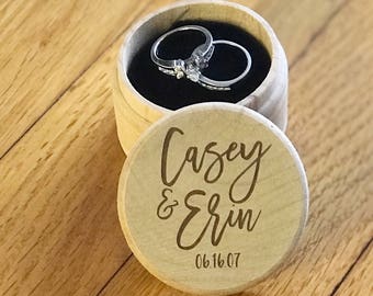Personalized Engraved Round Wood Ring Box | Couple Names | Wedding Date | Engagement | Wedding
