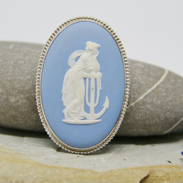 Vintage - Wedgwood - Hope & Anchor - Large Blue and white Brooch Pin - 1974