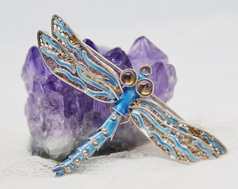 Sterling Silver & Enamel - Dragonfly - With Moving tail - Brooch Pin