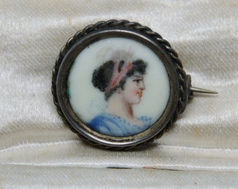 Stunning Antique - Hand Painted miniature portrait  - Victorian Lady - Brooch - c1900