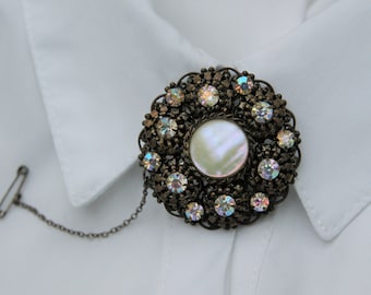 Antique - Mother of Pearl and Aurora Borealis - Filigree - Brooch Pin - c1930s