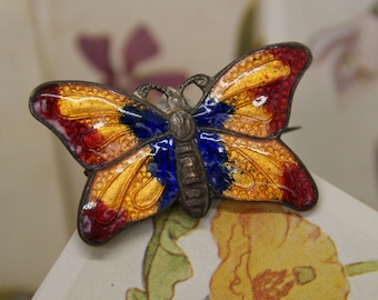 Antique - Enamel multi-coloured Butterfly Brooch  - c1930s