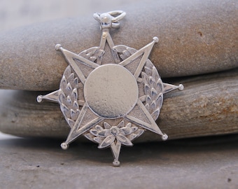 Antique - Rare - Solid Silver - Large Star Pendant - Watch Chain Fob Medal - c1895