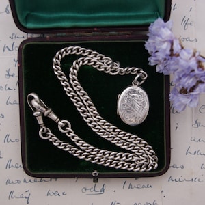 Antique - Silver Watch chain & Locket - c1917 - 30 grams