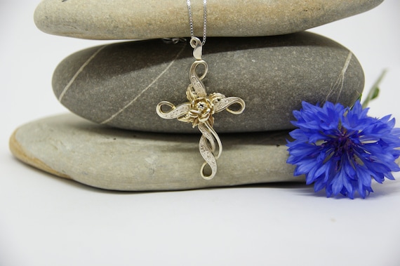 Solid Silver - Large decorative Cross & Chain - R… - image 1