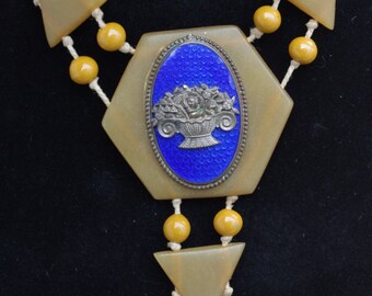 Antique - Genuine Art Deco -  Bakelite - Blue Enamel Necklace - c1920