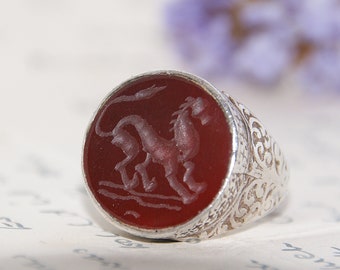 Antique - Chunky - Sterling Silver & Carnelian - Intaglio Carved, Arts and Crafts Ring. Ring Size: UK Q, US 8