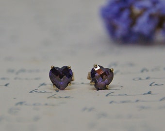 Large - 9ct Gold & Brilliant cut Amethyst - Heart - Earrings