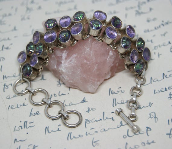 Statement Piece - Chunky - Sterling Silver, Amethyst & Mystic Topaz  - Cuff Bracelet