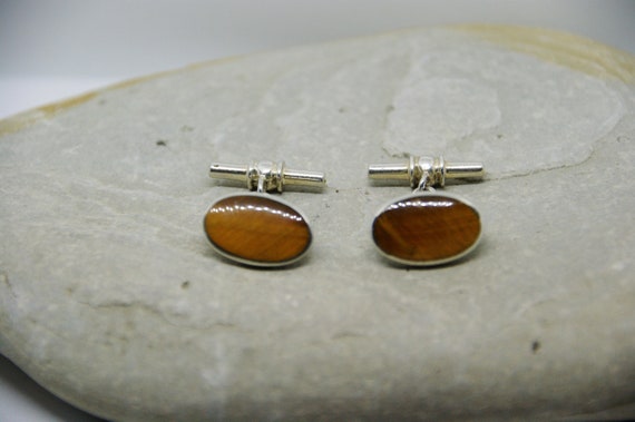 Art Deco style - Solid Silver & Tigers Eye cuffli… - image 2