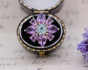 Stunning - Chunky - Amethyst & Blue Topaz - Sterling Silver - Floral Daisy - Ring