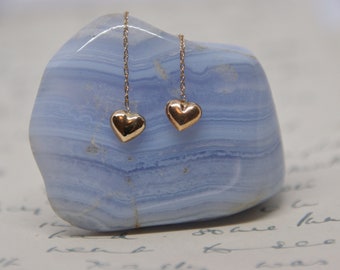 9ct Gold - Bubble Heart - Dangle, Drop, threader Earrings