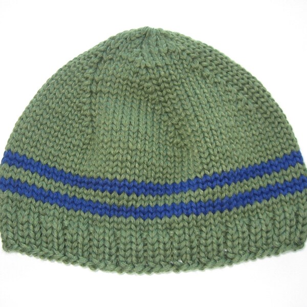 soft eco-frienldy green merino wool mens beanie with blue stripes, mens winter hat, bonnet pour hommes vert, green merino beanie