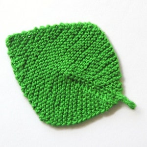 May include: A green knitted leaf-shaped dishcloth or washcloth. The leaf has a pointed tip and a slightly rounded base.