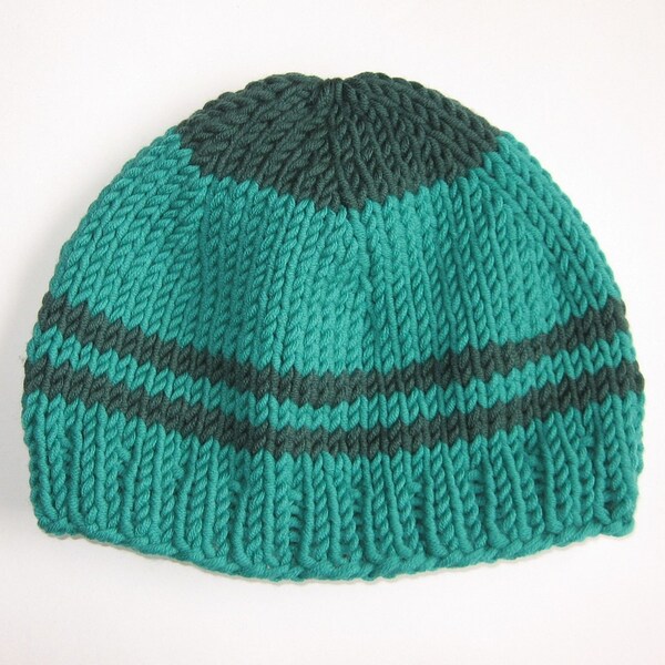 Cool green soft merino wool mens beanie with dark green stripes and top "Malachite", green winter hat men