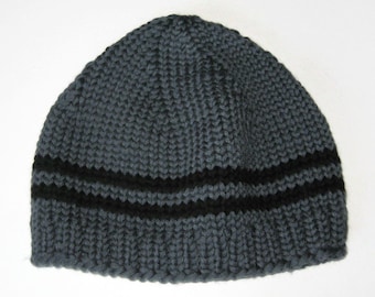 soft eco-frienldy dark gray merino wool mens beanie with black stripes, mens winter hat, bonnet pour hommes noir, gray merino beanie
