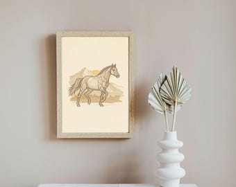 Galloping Horse Line Art Printable Wall Decor Earth Tone Mountain Landscape Digital Download Equestrian Nature Minimalist Boho Art