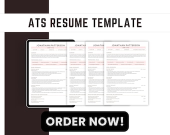 May include: A digital download of a resume template in a minimalist style with a pink and white color scheme. The template is designed to be ATS-compliant, which means it is formatted in a way that is easily read by applicant tracking systems. The template includes sections for contact information, summary, skills, work experience, education, and certifications. The text "ATS Resume Template" is displayed at the top of the image.