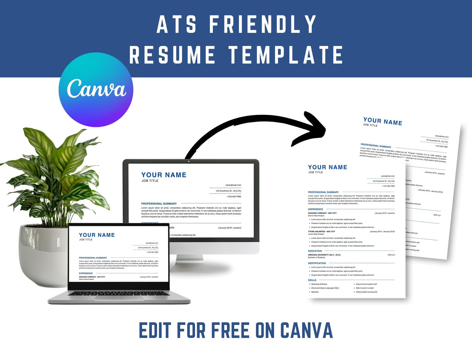 Editable Blue ATS Resume Template for Canva PDF | Modern Professional ...