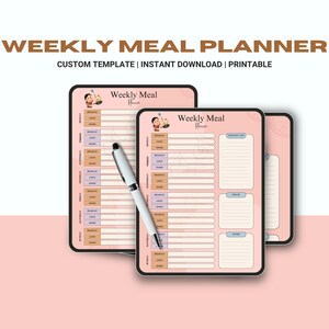 May include: Printable weekly meal planner template with a pink background and a cartoon character. The planner has sections for breakfast, lunch, dinner, and snacks.