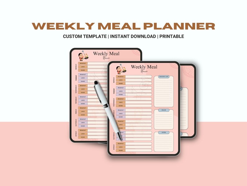 May include: Printable weekly meal planner template with a pink background and a cartoon character. The planner has sections for breakfast, lunch, dinner, and snacks.