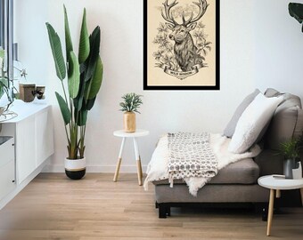 Vintage Deer Wall Art Printable | Antique Animal Illustration | Rustic Woodland Decor | Farmhouse Digital Download | WILD WISDOM