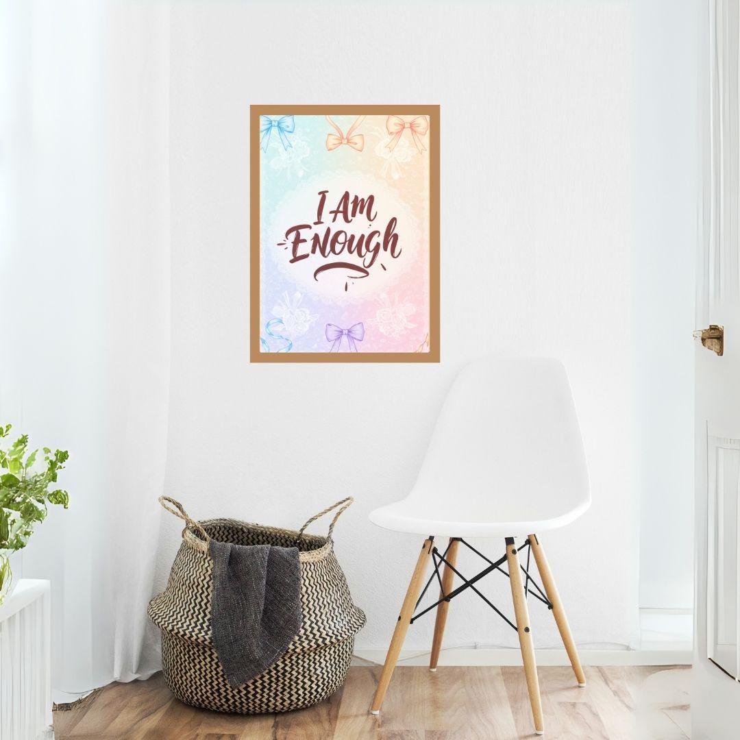 I AM ENOUGH Printable Wall Art – Feminine Pastel Bow Design – Self Love Affirmation Quote – Digital Download, Motivational Decor
