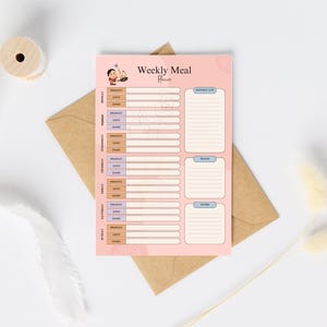 May include: A pink printable weekly meal planner with a cartoon illustration of a chef. The planner includes sections for breakfast, lunch, and dinner for each day of the week. There is also a grocery list section.
