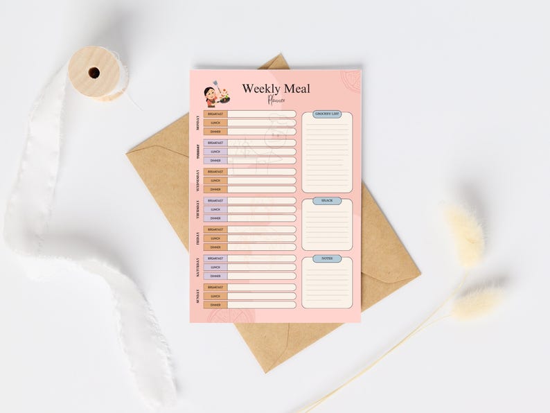May include: A pink printable weekly meal planner with a cartoon illustration of a chef. The planner includes sections for breakfast, lunch, and dinner for each day of the week. There is also a grocery list section.