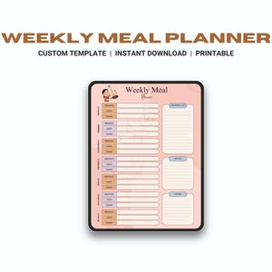 May include: A printable weekly meal planner template with a pink background and a cartoon chef illustration. The planner includes sections for breakfast, lunch, dinner, and grocery lists.