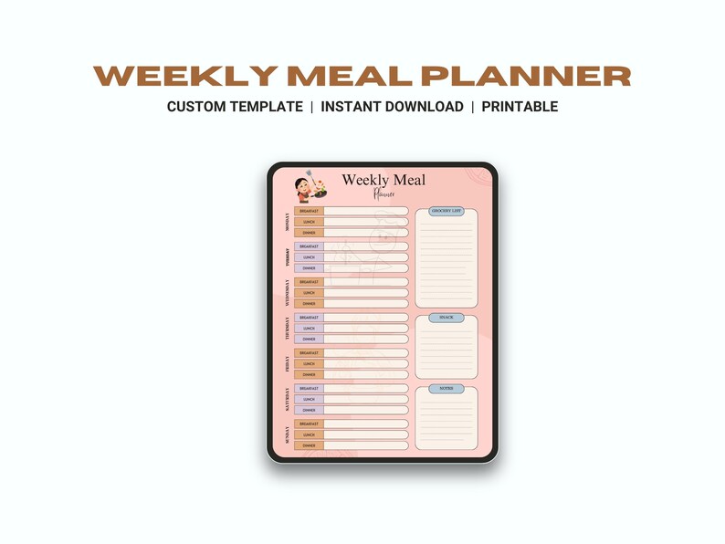 May include: A printable weekly meal planner template with a pink background and a cartoon chef illustration. The planner includes sections for breakfast, lunch, dinner, and grocery lists.
