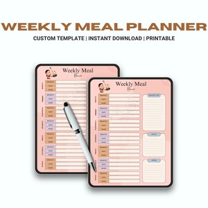 May include: Printable weekly meal planner template with a pink background and a cartoon illustration of a person holding a plate of food. The planner has sections for breakfast, lunch, dinner, and a grocery list.
