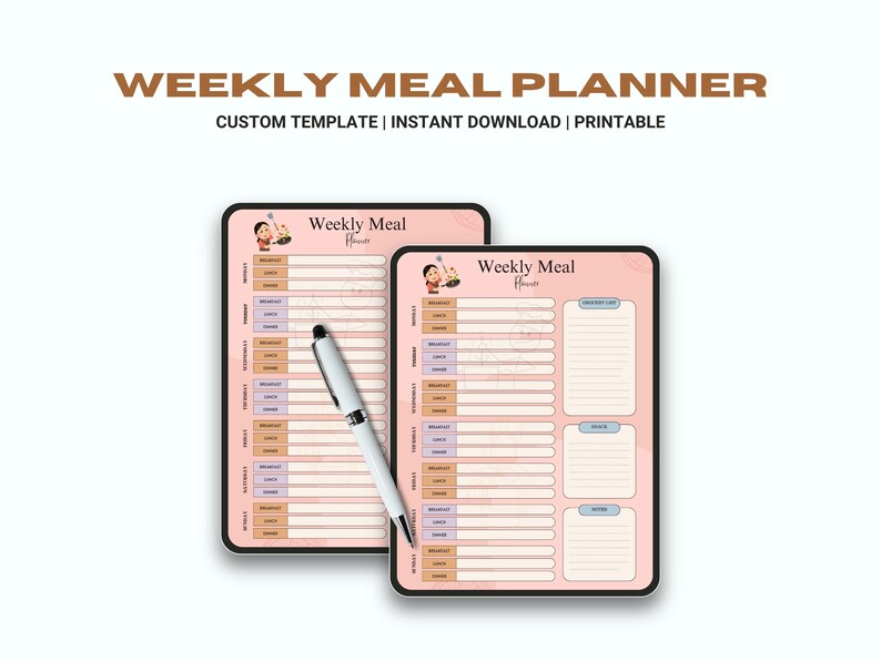 May include: Printable weekly meal planner template with a pink background and a cartoon illustration of a person holding a plate of food. The planner has sections for breakfast, lunch, dinner, and a grocery list.