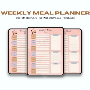 May include: Printable weekly meal planner template with three pages. The pages are pink with a light brown border and have a cartoon illustration of a person holding a plate of food. The pages are divided into sections for breakfast, lunch, dinner, and snacks. There is also a section for a grocery list.