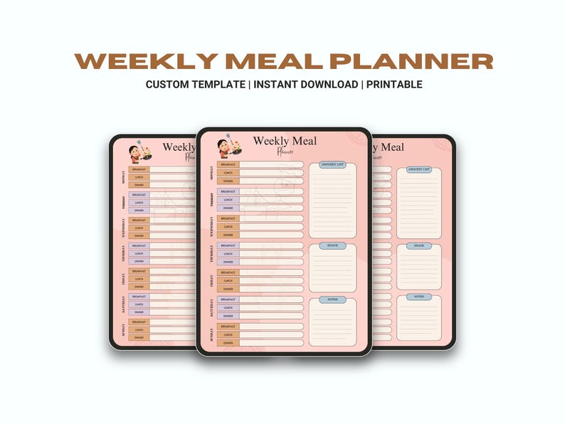 May include: Printable weekly meal planner template with three pages. The pages are pink with a light brown border and have a cartoon illustration of a person holding a plate of food. The pages are divided into sections for breakfast, lunch, dinner, and snacks. There is also a section for a grocery list.