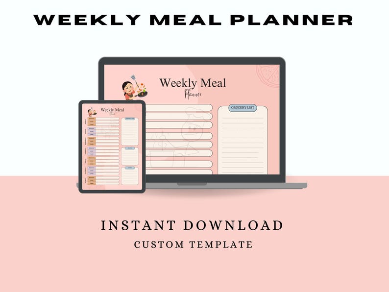 May include: A digital printable weekly meal planner template with a pink background. The template includes a section for meal planning and a grocery list. The template is available for instant download.